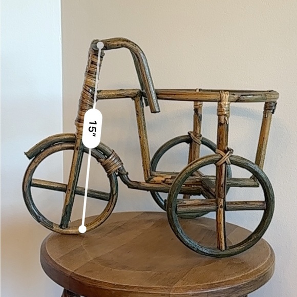 Vtg Bamboo Tricycle Bike Plant Stand Holder Wicker Rattan Boho NO PLANT OR POT - Picture 9 of 13